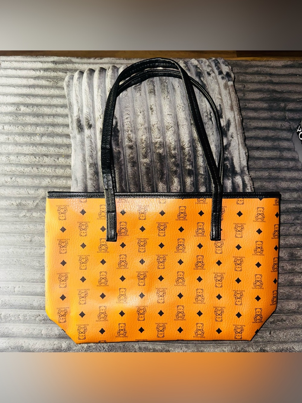 Orange Tote Bag with Black Handles and Teddy Pattern- Great condition
